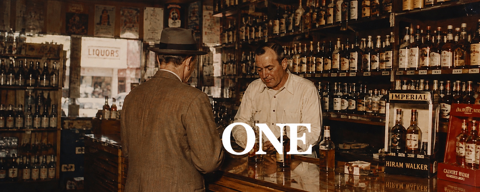 A customer presents identification to a liquor store clerk beneath the ONE wordmark.